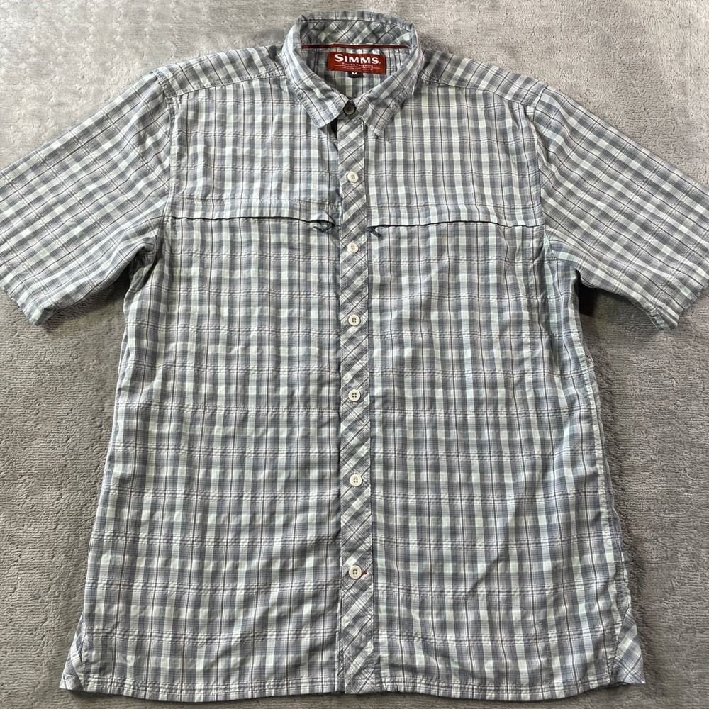 Simms Fishing Shirt Mens Medium Plaid Gray‎ Zipper Pocket Light Sumer Outdoor